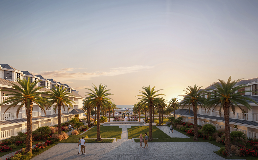 Courtyard walkway leading to the marina at sunset