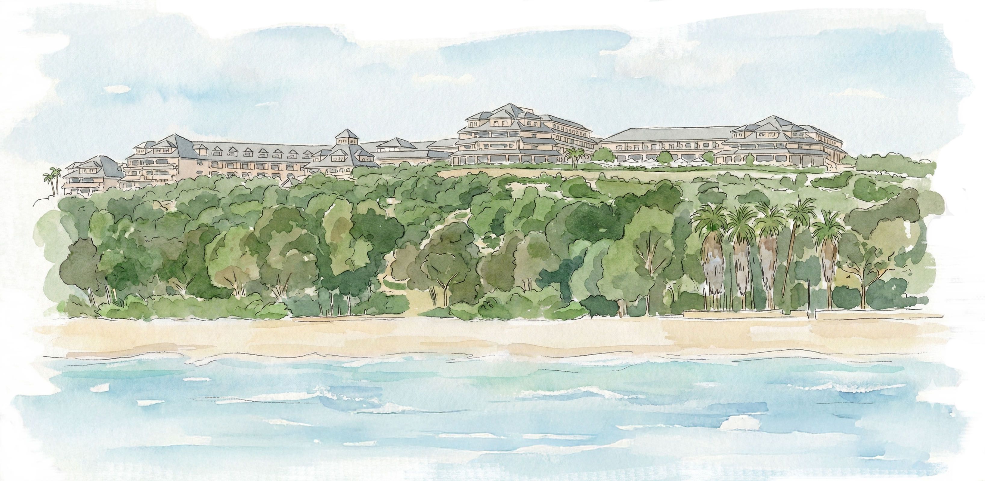 Watercolor rendering of Laguna Cliffs hotel on the Dana Point bluffs